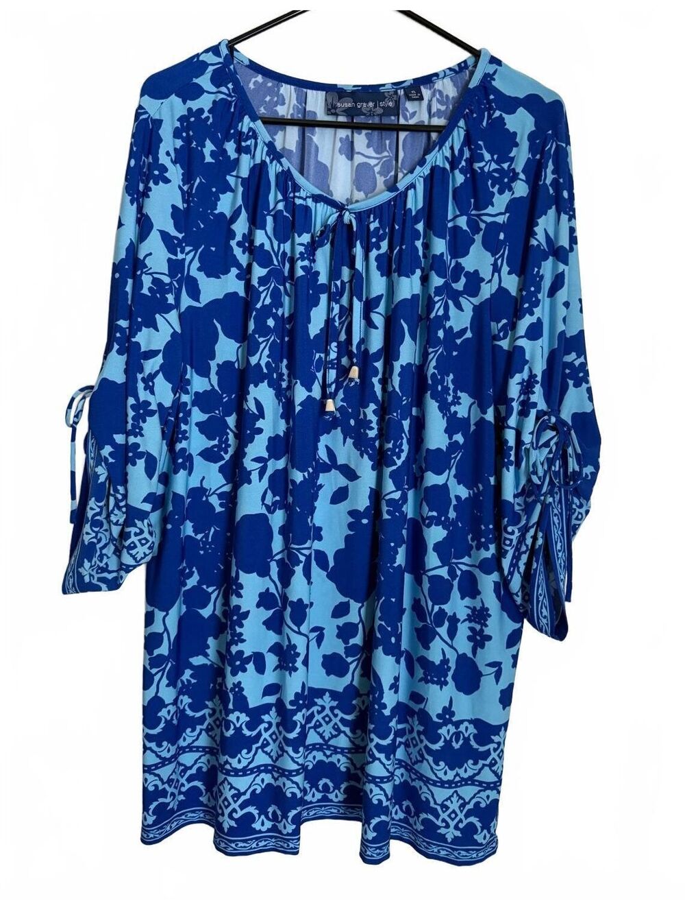 Susan Graver Women's Tunic Blouse Size XL Blue Peasant BOHO City Chic Retro